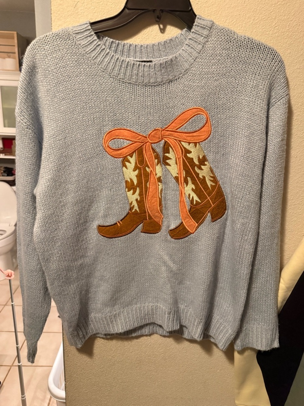 Light Blue Crewneck Sweater with Embroidered Cowboy Boot Motif